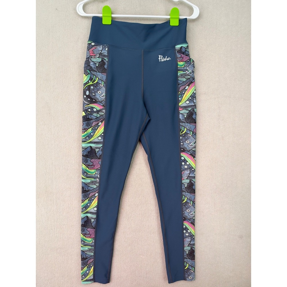 Fishe Women's M Fishing Leggings Fish Print Side Pockets Blue Outdoor Activewear